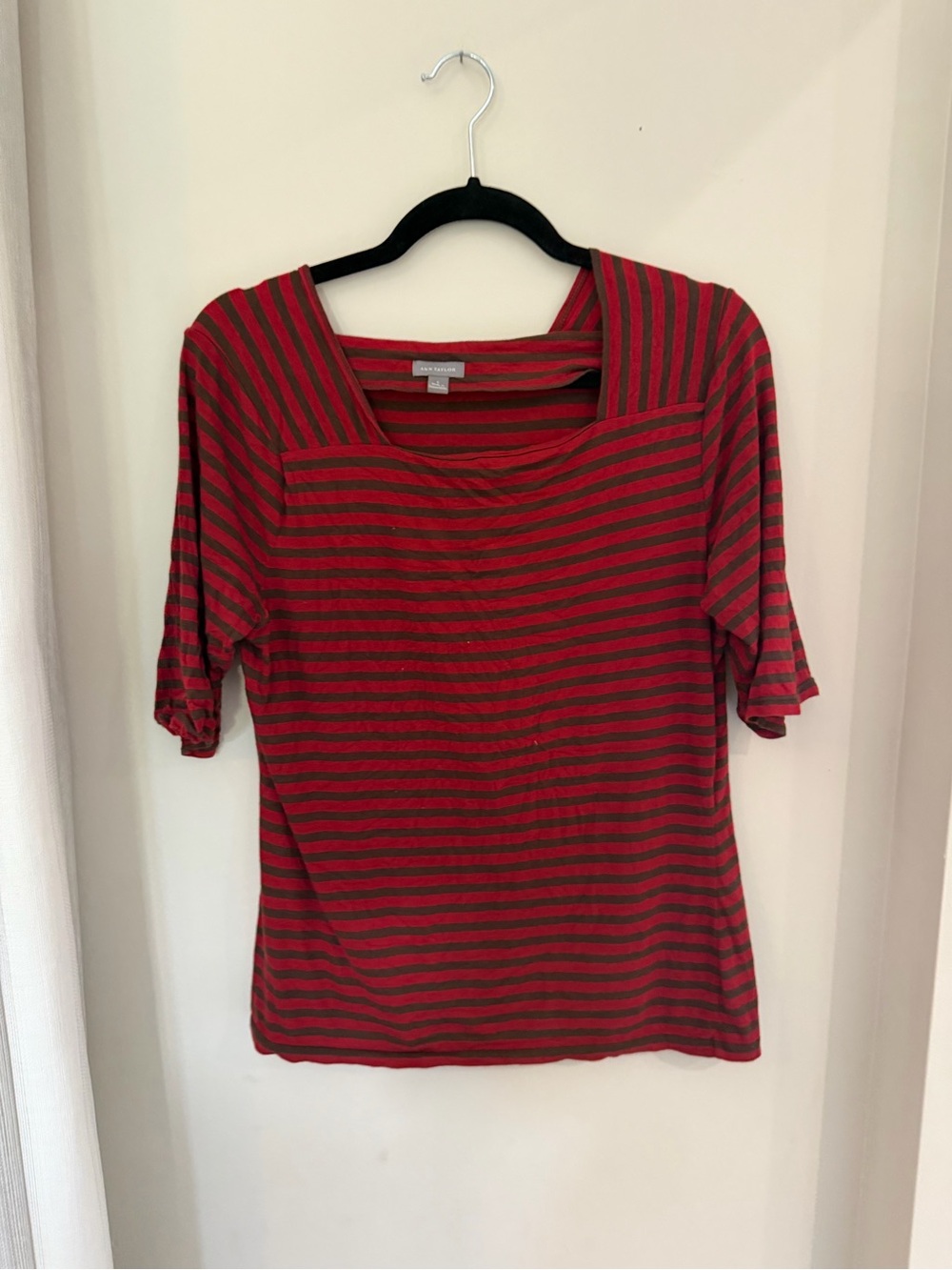 Ann Taylor Red and Gray Striped Square Neck Short Sleeve Tee